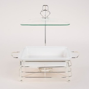 Ensemble de réchauds de buffet en céramique blanche de luxe avec couvercle en verre et support en acier inoxydable chromé, chauffe-plats carré pour mariage et réceptions - Product Image 1