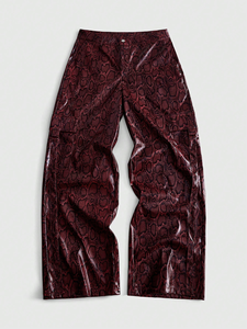 Snake Print Leather <b>Trousers</b> Burgundy Lambskin Embossed <b>Pattern</b> Wide Leg Baggy Cut Side Pockets Glossy Finish Unisex - Product Image 1