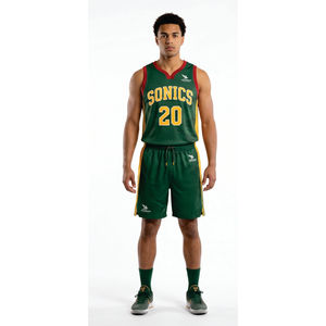 Ensemble de maillots de basket-ball Sonics pour hommes, vert et jaune, sublimé, col en V, sans manches, évacuant l'humidité, coupe athlétique - Product Image 1