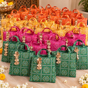 Bolso de mano indio hecho a mano con estampado Bandhani y 2 asas bordadas, ideal para bodas, Haldi, Mehndi y regalos de boda. - Product Image 6
