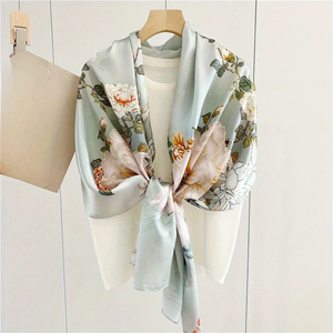 Pañuelo Largo de Seda de Morera 100% para Mujer, Chales Grandes Rectangulares para la Cabeza y el Cuello, Pañuelos Rectangulares para el Cabello, Regalo en Caja, Estampado Floral Verde - Product Image 1