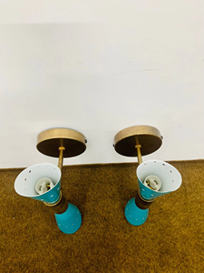 1950s Mid Century Italian Diabolo Metal Wall <b>Sconce</b> Pair Painted Die-Cut Printed 2 Bulb Folk Art Fixture Lamp Antique <b>Light</b> Blue - Product Image 3
