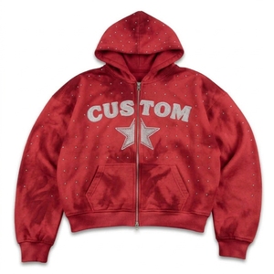 Custom Embroidery <b>Red</b> Rhinestone Zip Up Drop Shoulder <b>Hoodie</b> Heavyweight 100% Cotton Vintage Wash Sweatshirt Streetwear Unisex - Product Image 3