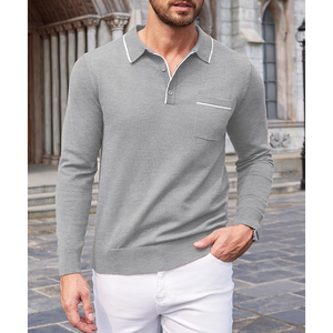 Men's Gray Knitted Long Sleeve Polo Sweater <b>With</b> Front <b>Pocket</b> Autumn Wear - Product Image 3