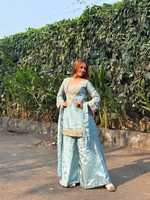 Ensemble Salwar Kameez en soie bleu clair brodé, longueur au sol, tenue indienne pakistanaise pour mariage, fête, femmes