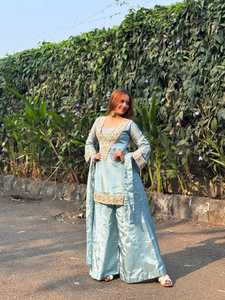 Light Blue Silk Embroidered Salwar Kameez Set Floor Length Indian Pakistani Outfit for Wedding Party Women - Product Image 1