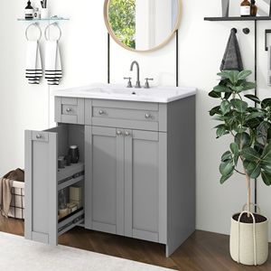 Mobile Bagno da 30 Pollici con Ampio Spazio Contenitivo, Cassetti Profondi a Doppio Livello, Ante con Chiusura Ammortizzata e Lavabo in Ceramica Integrato - Product Image 1