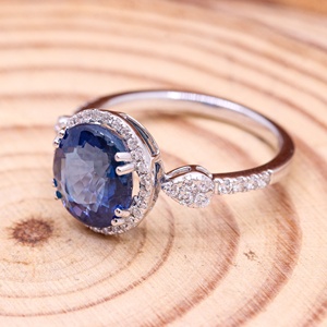 Wholesale 18K Solid <b>White</b> Gold Natural Oval Blue <b>Sapphire</b> Diamond Halo Teardrop Accent <b>Ring</b> Memoria Jewels - Product Image 1