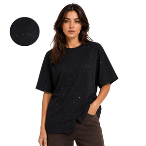 2026 Trendy Rhinestone Women's Shirts Custom Black Oversized Tee Premium Loose Fit Streetwear Casual Fashion <b>Top</b> Wholesale ODM - Product Image 1