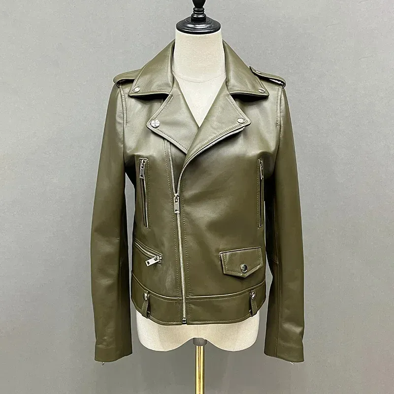 Stand Collar Bomber Jacket for Women Genuine Sheepskin Zipper Women Full Sleeve Spring Jacket Lady Clothing Real Leather Jacket