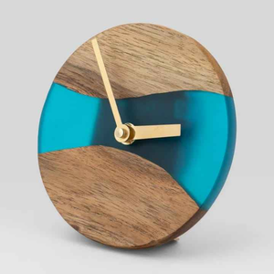 Minimalist Turquoise Epoxy Resin Wood <b>Desk</b> Clock Round Silent Tabletop Clock Live Edge Small <b>Wall</b> Watch for Office Decor - Product Image 1