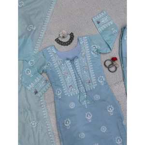 ÚLTIMA ORGANZA CON HILO CHANDERI TRABAJO TOP PALAZZO CON DUPATTA SKY Dhoti - Product Image 6