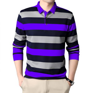 Polo de Punto a Rayas de Manga Larga para Hombre, Diseño Casual con Botones al Frente, Rosa, Azul Marino, Gris - Product Image 2
