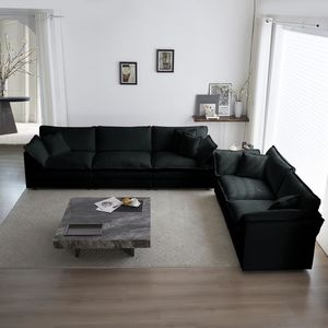 Set di Divani Moderni 2+3 Posti con Seduta Profonda in Ciniglia Nera per Soggiorno, Elegante Set di 2 Divani - Product Image 1