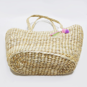Natural Hyacinth <b>Woven</b> <b>Storage</b> <b>Basket</b> With Handles Bowl Shape Cute Multi-Purpose Decorative Tassel Detail - Product Image 5