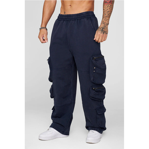 Pantalon cargo en coton délavé pour homme, coupe ample, plusieurs poches, taille élastique, style hip-hop, longueur intégrale, couleur unie, pour l'automne - Product Image 2