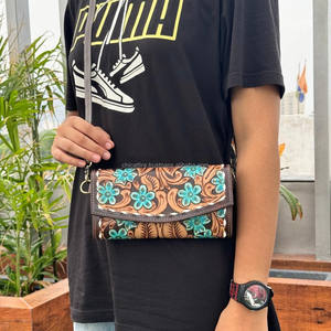 High Quality Hand Tooled Leather Women Purse Genuine Leather Crossbody <b>Turquoise</b> Floral Wallet Western Boho Floral Cowhide Bag - Product Image 4