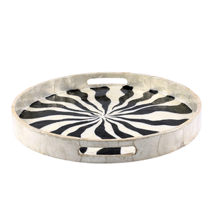 Bandeja de servicio con incrustaciones de MDF redonda hecha a mano con patrón de cebra en espiral en blanco y negro con asas de bandeja para uso decorativo de Hotel - Product Image 2