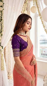 Sari de Seda Coral para Mujer, Blusa Morada, Traje Tradicional Indio para Boda, Largo hasta el Suelo, Corte Regular, Elástico, Protección Solar - Product Image 4