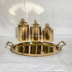 Ensemble de boîtes à épices en métal martelé doré avec plateau, contenants de rangement de cuisine vintage étanches, boîtes cylindriques artisanales - Product Image 1