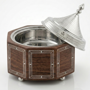Opulent Arabian Style Insulated Chafing Dish & Hotpot Solid Wood Base with Hand Inlaid MOP Geometry & Textured Stainless Steel - Product Image 3