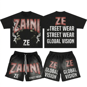 ZAINI ZI-020 Conjunto de Camiseta y Pantalones Cortos para Hombre, 280 GSM, Algodón Premium French Terry, Negro, Talla Grande, Suave, Transpirable, con Estampado en Relieve Personalizado - Product Image 1