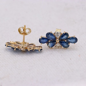 Wholesale 14k Yellow Gold Natural Pear <b>Blue</b> <b>Sapphire</b> Diamond Cluster Stud <b>Earrings</b> Memoria Jewels - Product Image 2