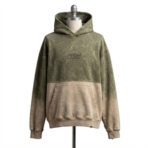Sudadera con capucha para hombre, color oliva beige, con bloques de color, lavado ácido, efecto desgastado, gráfico topográfico, bolsillo canguro, venta al por mayor, ajuste cómodo - Product Image 1