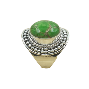 แหวนเงินแท้ 925 ประดับเทอร์ควอยซ์สีเขียวทองแดง งานแฮนด์เมด สไตล์วินเทจ โบโฮ ทรงโดม คาโบชอง ของขวัญสำหรับทุกเพศ - Product Image 1