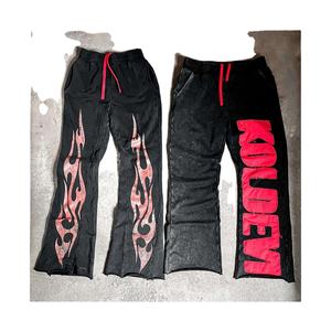 <b>Men's</b> Casual Cotton Fleece Sweatpants Custom Acid Wash Flare Sun Faded Lace Decoration <b>Elastic</b> <b>Waist</b> Stacked for Raw Hem Cut Edg - Product Image 1