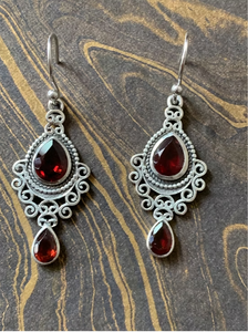 Vintage Antique 925 Sterling Silver Filigree Dangle <b>Earrings</b> Teardrop <b>Red</b> Garnet Gemstone Jewelry Wholesale - Product Image 2