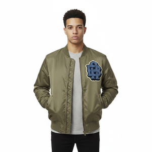 Chaqueta Bomber Verde Oliva para Hombre con Logotipo Bordado Azul, Cierre de Cremallera Frontal, Cuello Camisero, Ropa Casual de Otoño - Product Image 2