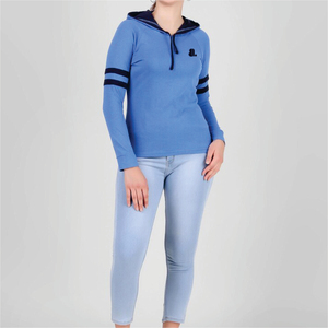Camiseta de Manga Corta con Capucha Azul para Mujer, con Logotipo, Informal, Tejida, Lisa, Teñida, Transpirable para Verano - Product Image 3