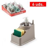 Distributeur de savon multifonctionnel autoportant PlasticForte avec support pour éponge, 6 étagères, design minimaliste, organisateur de cuisine Morandi