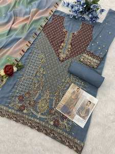 Diseñador Heavy Georgette Fabric Shalwar Kameez Multi-Thread Jari Work Organza Impresión digital Dupatta Latkans Indian Pakistani - Product Image 3