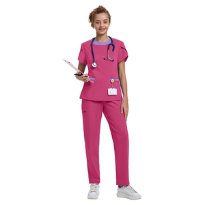 2026 Premium Women Medical <b>Scrub</b> Tops Set Polyester Woven Hospital <b>Uniforms</b> for Nurses with Stethoscope and ID Badge Pockets - Product Image 4