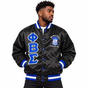 Phi Beta Sigma Black Royal Blue <b>Men</b> Satin Varsity <b>Jacket</b> with Greek <b>Letter</b> Embroidery Crest Snap Button Fraternity College - Product Image 1