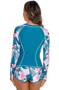 Custom Women Two Piece Rash Guard Swimsuit <b>Long</b> Sleeve Top With Tropical Print Shorts For Swimming <b>Beach</b> Rash Guard - Product Image 3