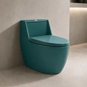 Inodoro de una pieza ovalado de color verde botella con acabado mate, de diseño minimalista, de cerámica con superficie lisa, para instalar en el suelo. - Product Image 6