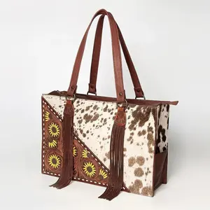 Top Quality Leather Sunflower Tooled Hain On Cow hide Shoulder bag Western Style Cowgirl Bag Women Tote Bag Supplier