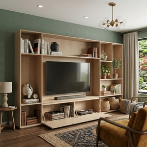 Meuble de rangement mural modulaire, meuble TV avec portes battantes, placage bois naturel, console multimédia, étagère ouverte, rangement pour salon - Product Image 4