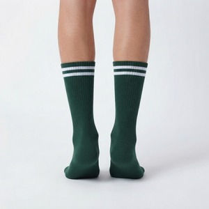 Dark Green Athletic Crew <b>Socks</b> with Double <b>White</b> Stripes Circular Logo Design Team <b>Sports</b> Knit Hosiery - Product Image 3
