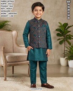 Traditional Silk <b>Boys</b> Wedding Party Floor-Length <b>Kurta</b> Pajama Set - Product Image 4