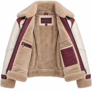 Chaqueta de Piel de Oveja Genuina Color Crema Borgoña para Mujer, con Forro de Borreguito, Solapa de Felpa, Correa con Hebilla, Abrigo de Invierno - Product Image 5