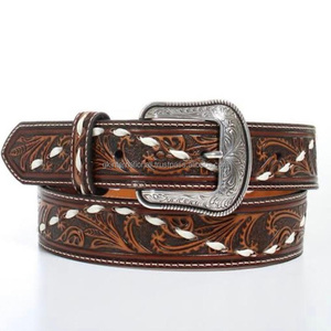 Ceinture Western Homme de Qualité Supérieure en Cuir Marron Estampé Floral et Sculpté à la Main avec Boucle en Argent Vieilli et Design Durable Façonné - Product Image 2