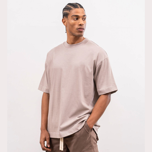 T-shirt décontracté pour homme 2026, coupe oversize, beige uni, manches courtes, épaules tombantes, col rond, impression en relief - Product Image 5
