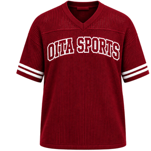 Crimson Red Knit <b>V</b> <b>Neck</b> Sports Jersey Short Sleeve <b>White</b> Stripe Detail Custom Oversized Casual Athletic Performance Team <b>Shirt</b> - Product Image 1