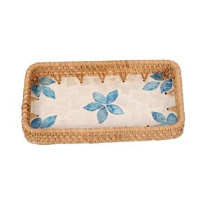 Plateau de service rectangulaire en nacre écologique avec incrustation florale bleue en rotin, commande en gros pour la décoration de la table de cuisine et de salle à manger - Product Image 1