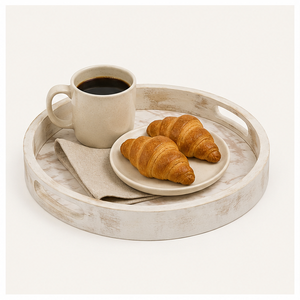 Handcrafted Rustic White Washed <b>Round</b> Wooden Serving <b>Tray</b> With Cutout Handles For Coffee <b>Table</b> Ottoman Decorative Wood Platter - Product Image 2
