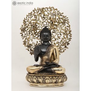 รูปปั้นพระพุทธรูปขนาด20นิ้วใน vitark Mudra ตั้งอยู่ใต้รูปปั้นทองเหลืองต้นโพธิ์ - Product Image 4